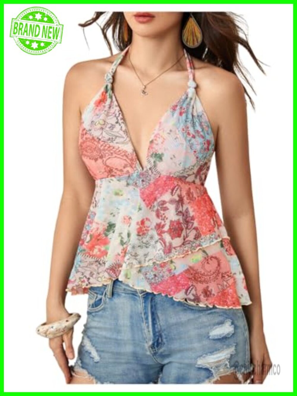 Women's Floral Mesh Halter Top Boho Ruffle Sleeveless Cami Backless